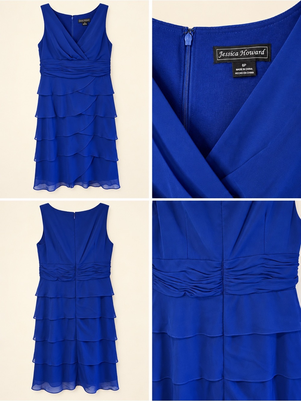 Jessica Howard Cobalt Blue V-Neck Tiered Chiffon Dress 6 Petite Wedding Guest